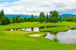 Golf course with gorgeous green and pond.